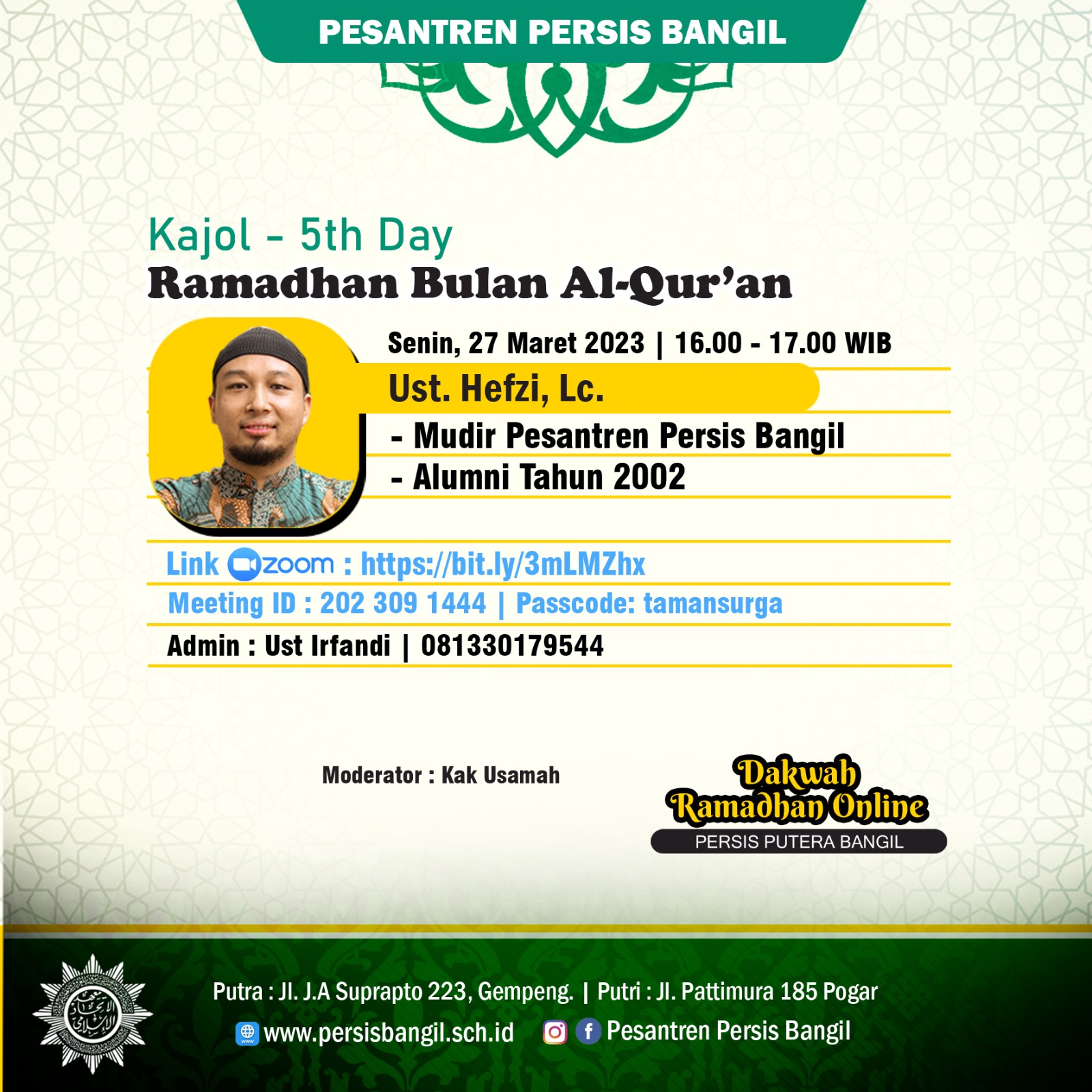 Ustadz Hefzi, Lc., salah satu pemateri kajian online